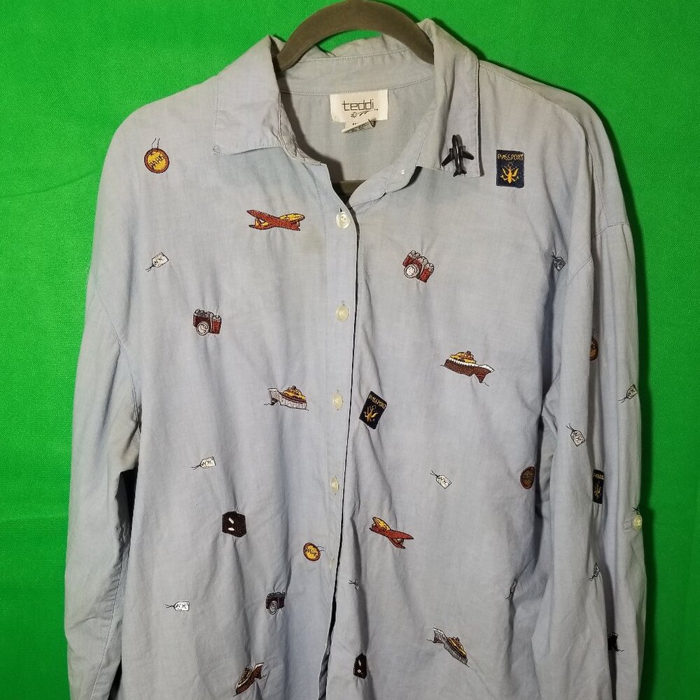 Teddi Button Up Long Sleeve Travel Vacation Sweet Planes Blue‎ Embroidered Vtg